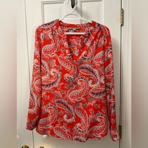 Valerie Stevens Vibrant Coral Paisley Blouse Roll Tab Sleeve Top Size M